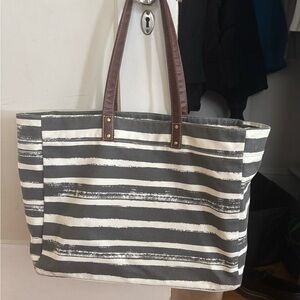 Maika CARRYALL TOTE - CHARCOAL STRIPES canvas with Brown Leather Handles